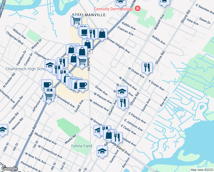map of restaurants, bars, coffee shops, grocery stores, and more near West Dawes Avenue in Somers Point