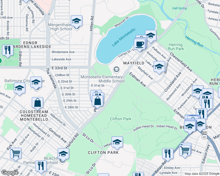 map of restaurants, bars, coffee shops, grocery stores, and more near 3020 Harford Road in Baltimore