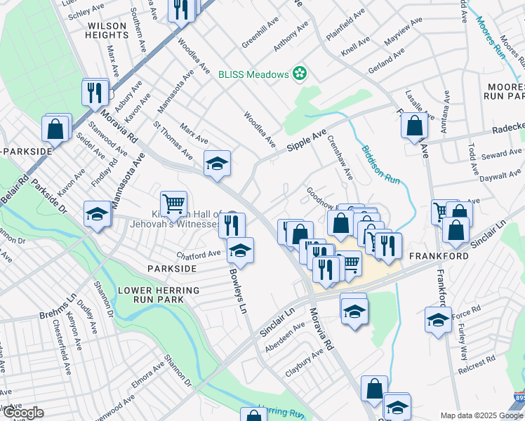 map of restaurants, bars, coffee shops, grocery stores, and more near 4714 Moravia Road in Baltimore