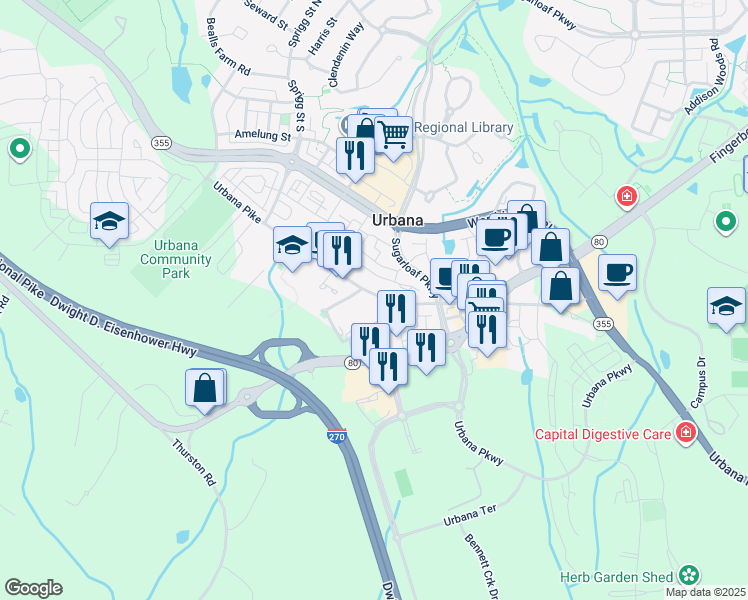 map of restaurants, bars, coffee shops, grocery stores, and more near 3514 Urbana Pike in Frederick
