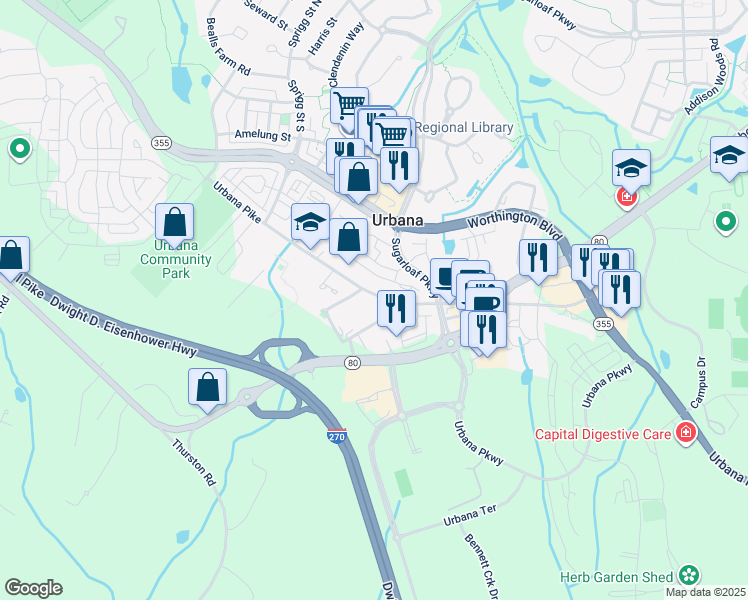 map of restaurants, bars, coffee shops, grocery stores, and more near 3514 Urbana Pike in Frederick