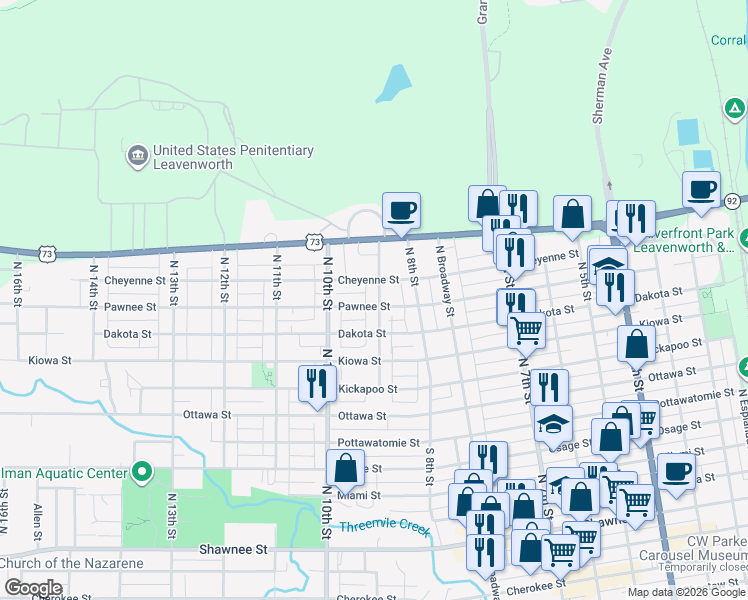 map of restaurants, bars, coffee shops, grocery stores, and more near 908 North 9th Street in Leavenworth