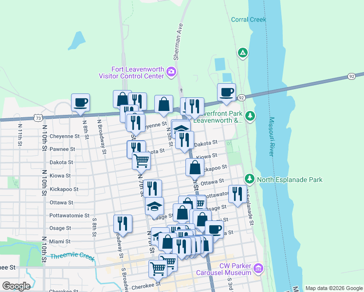 map of restaurants, bars, coffee shops, grocery stores, and more near 820 North 5th Street in Leavenworth