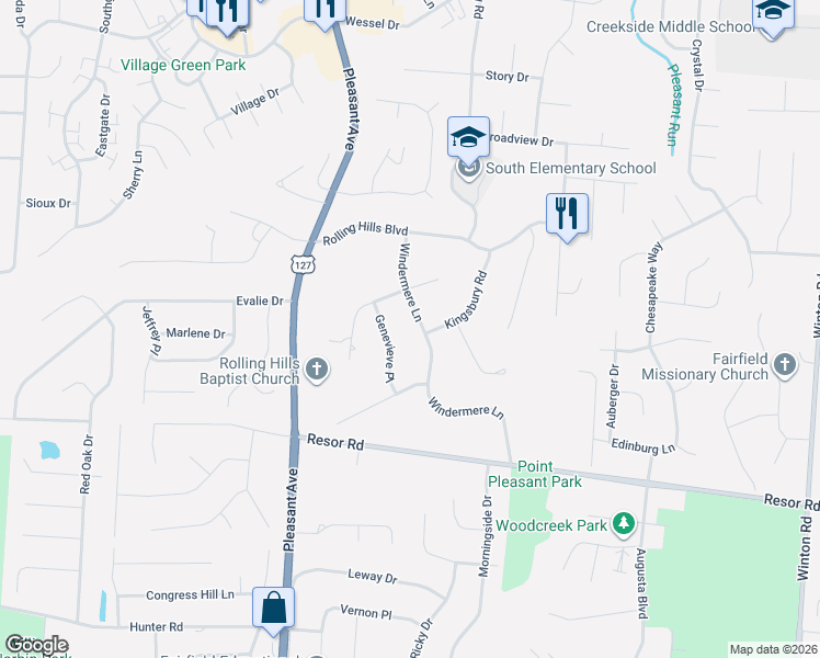 map of restaurants, bars, coffee shops, grocery stores, and more near 5711 Windermere Lane in Fairfield