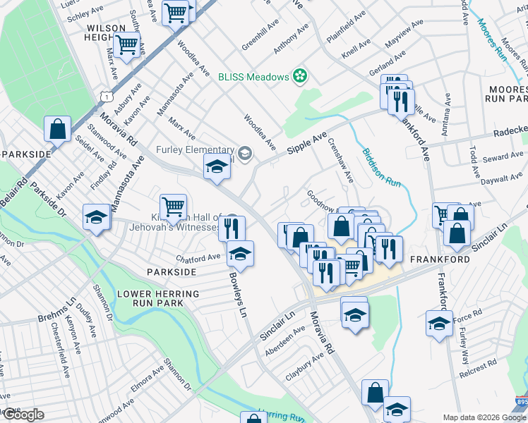 map of restaurants, bars, coffee shops, grocery stores, and more near 4714 Moravia Road in Baltimore