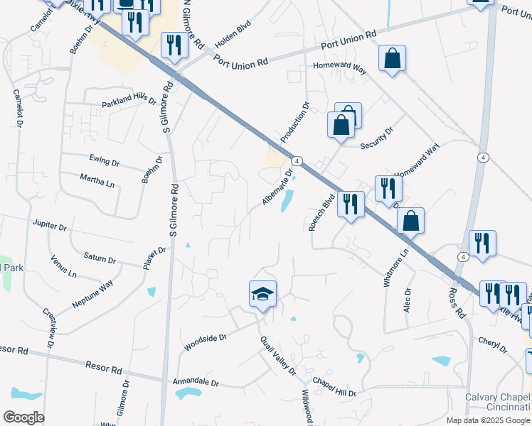 map of restaurants, bars, coffee shops, grocery stores, and more near 2400 Albemarle Drive in Fairfield