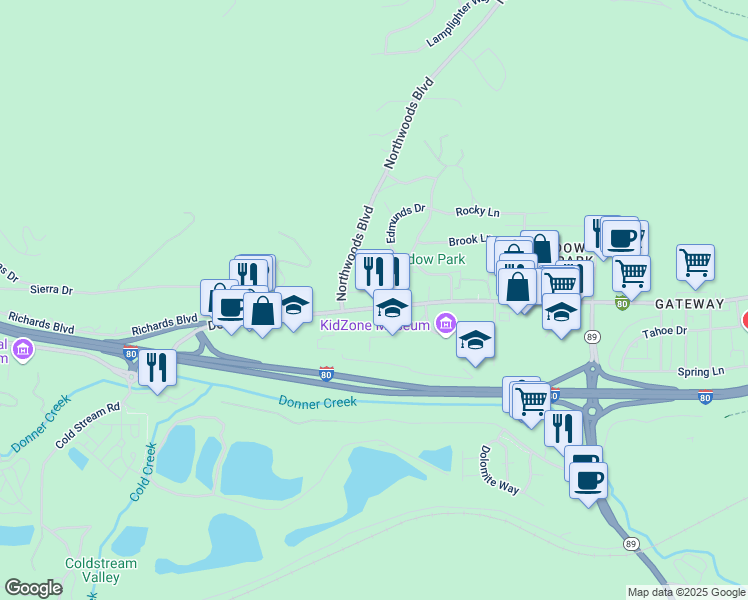 map of restaurants, bars, coffee shops, grocery stores, and more near 11782 Donner Pass Road in Truckee