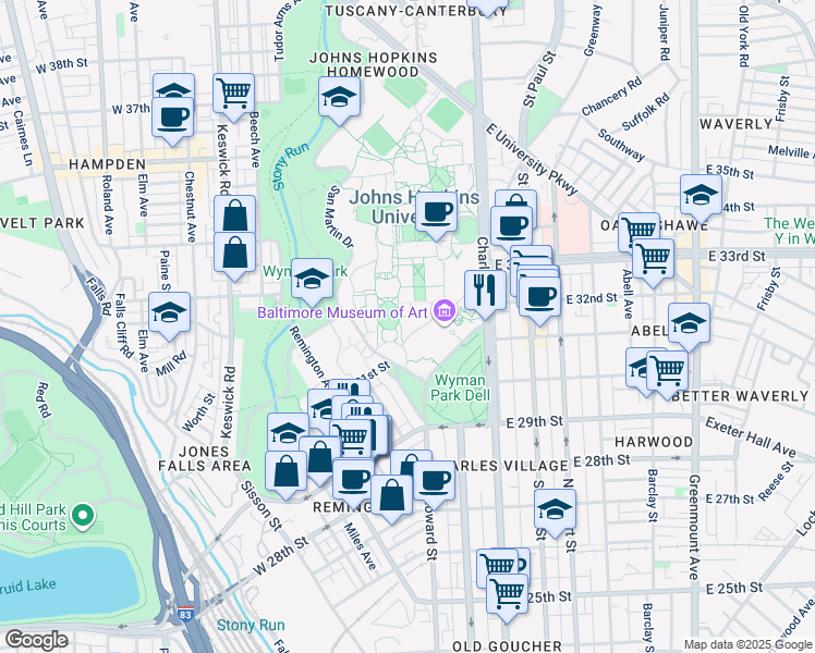 map of restaurants, bars, coffee shops, grocery stores, and more near 3400 North Charles Street in Baltimore