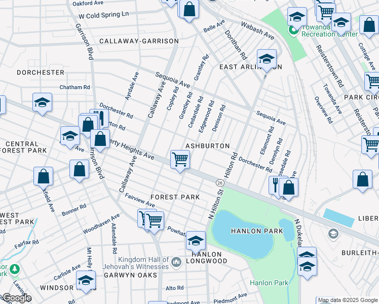 map of restaurants, bars, coffee shops, grocery stores, and more near 3406 Edgewood Road in Baltimore