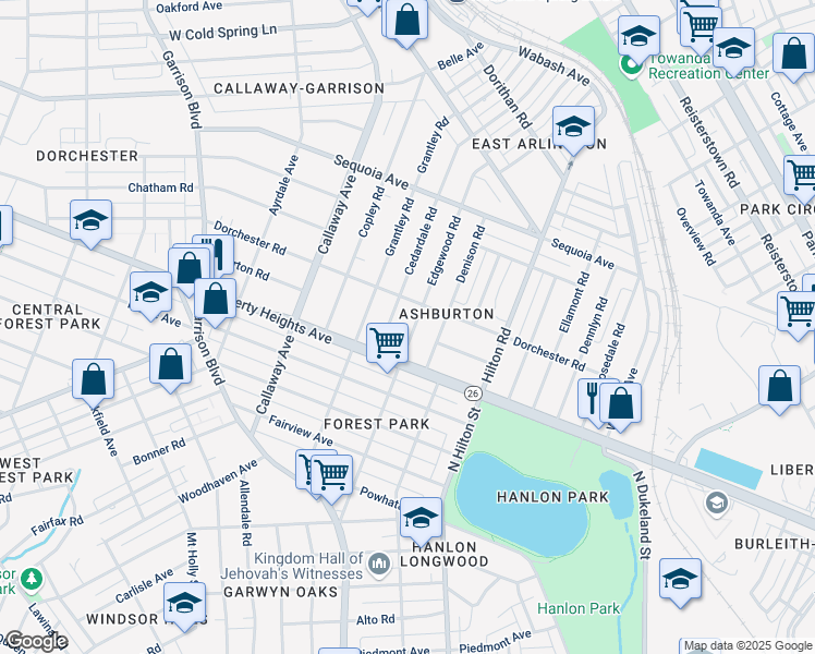 map of restaurants, bars, coffee shops, grocery stores, and more near 3406 Edgewood Road in Baltimore