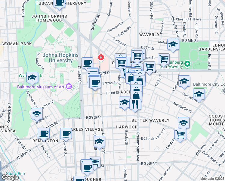 map of restaurants, bars, coffee shops, grocery stores, and more near 3107 Guilford Avenue in Baltimore