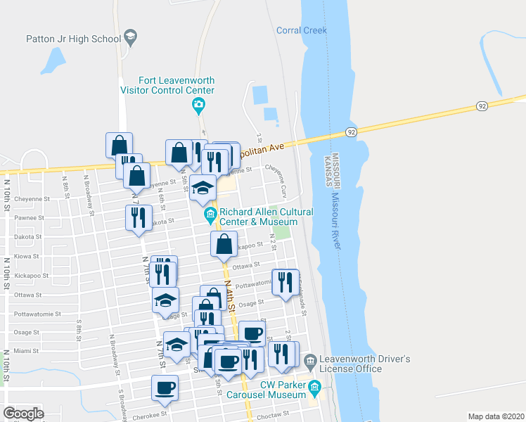 map of restaurants, bars, coffee shops, grocery stores, and more near 717 North 2nd Street in Leavenworth