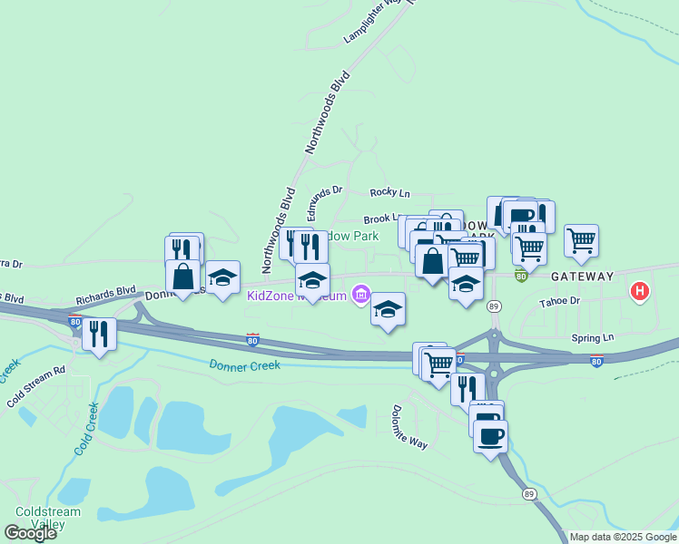 map of restaurants, bars, coffee shops, grocery stores, and more near 11711 Donner Pass Road in Truckee