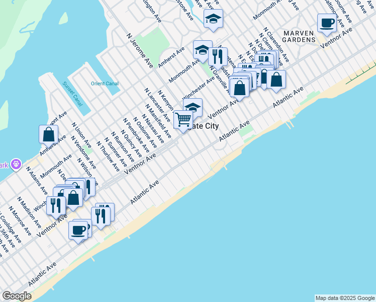 map of restaurants, bars, coffee shops, grocery stores, and more near 104 South Lancaster Avenue in Margate City