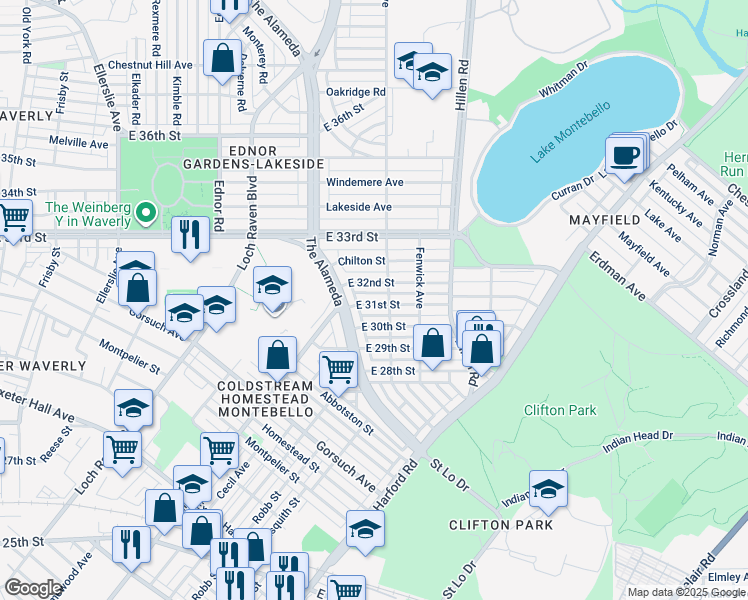 map of restaurants, bars, coffee shops, grocery stores, and more near 1620 East 31st Street in Baltimore