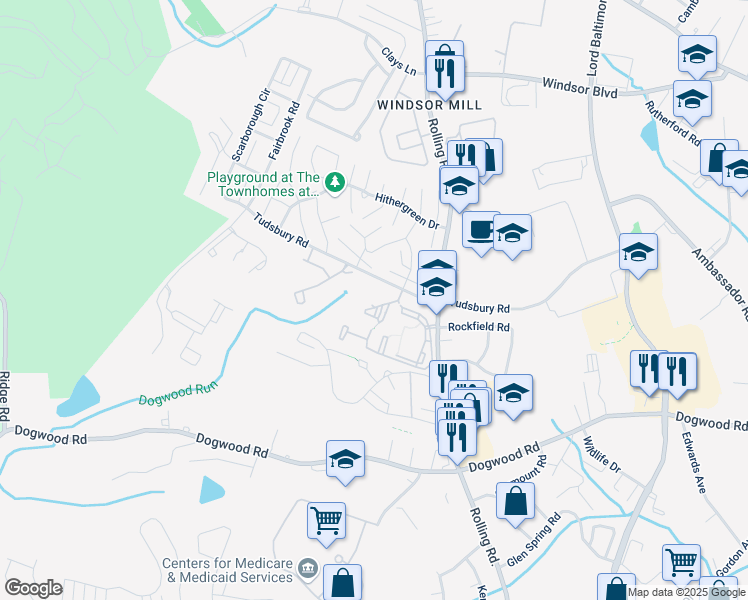 map of restaurants, bars, coffee shops, grocery stores, and more near 7206 Bogley Road in Baltimore