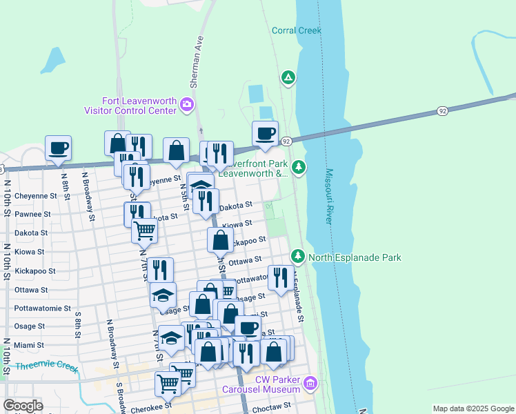 map of restaurants, bars, coffee shops, grocery stores, and more near 201 Dakota Street in Leavenworth