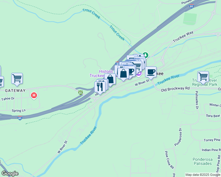map of restaurants, bars, coffee shops, grocery stores, and more near 10232 Donner Pass Road in Truckee
