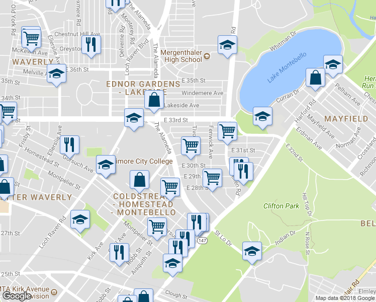 map of restaurants, bars, coffee shops, grocery stores, and more near 1620 East 31st Street in Baltimore
