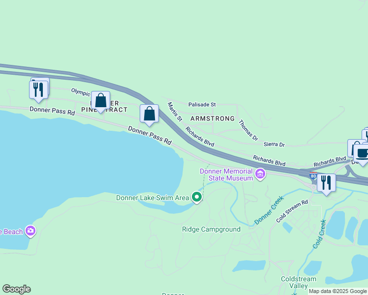 map of restaurants, bars, coffee shops, grocery stores, and more near 13002 Donner Pass Road in Truckee