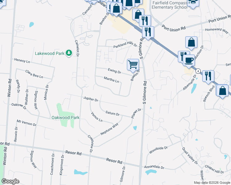 map of restaurants, bars, coffee shops, grocery stores, and more near 5494 Boehm Drive in Fairfield