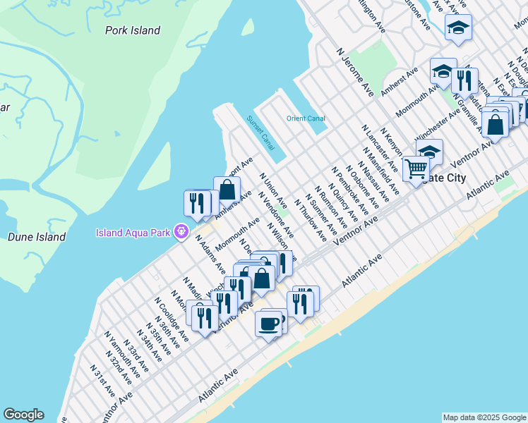 map of restaurants, bars, coffee shops, grocery stores, and more near 213 North Wilson Avenue in Margate City