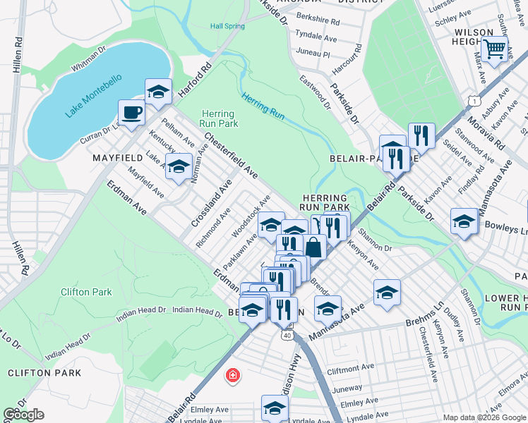 map of restaurants, bars, coffee shops, grocery stores, and more near 2711 Pelham Avenue in Baltimore