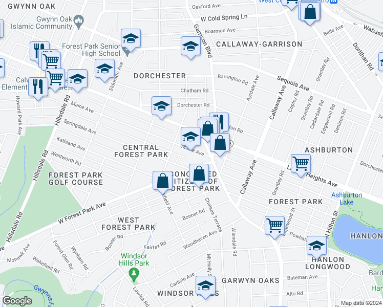map of restaurants, bars, coffee shops, grocery stores, and more near 3901 Maine Avenue in Baltimore