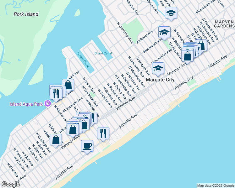 map of restaurants, bars, coffee shops, grocery stores, and more near 102 North Quincy Avenue in Margate City