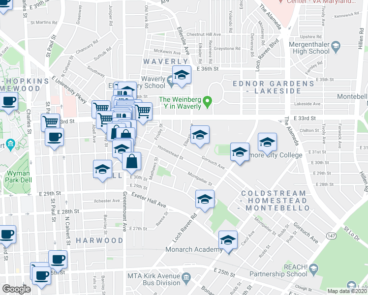 map of restaurants, bars, coffee shops, grocery stores, and more near Ellerslie Ave & Gorsuch Ave in Baltimore