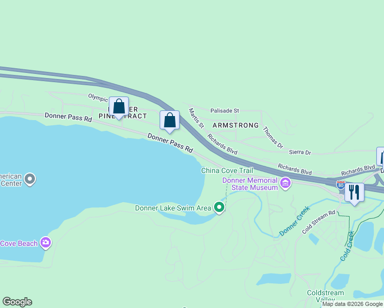 map of restaurants, bars, coffee shops, grocery stores, and more near 13058 Donner Pass Road in Truckee