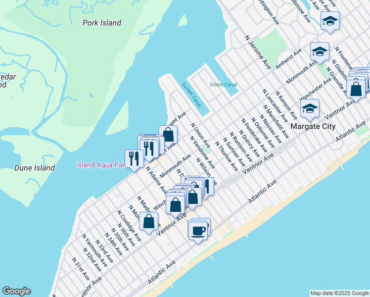 map of restaurants, bars, coffee shops, grocery stores, and more near 216 North Vendome Avenue in Margate City