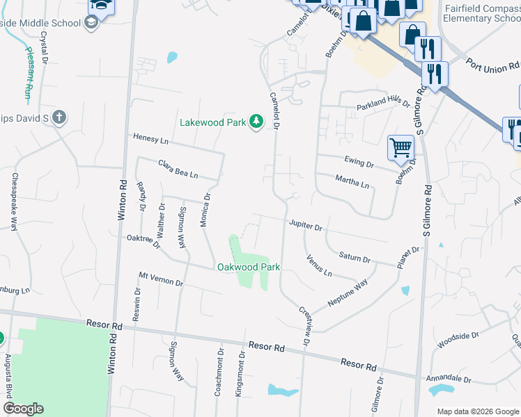 map of restaurants, bars, coffee shops, grocery stores, and more near 2570 Jupiter Drive in Fairfield