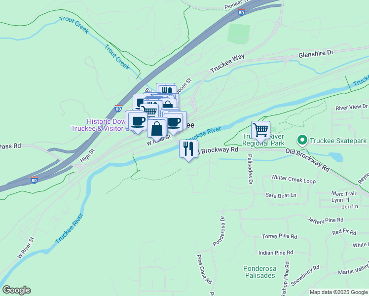 map of restaurants, bars, coffee shops, grocery stores, and more near 10037 East River Street in Truckee