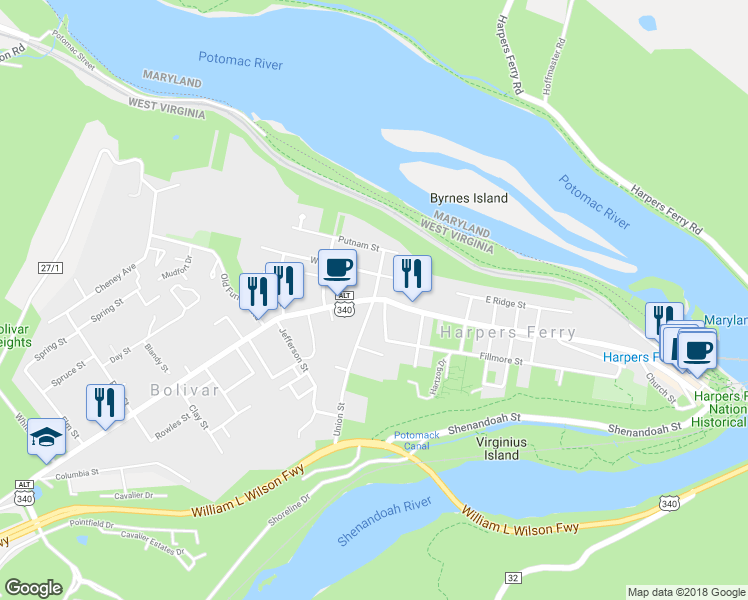 map of restaurants, bars, coffee shops, grocery stores, and more near 1562 Washington Street in Harpers Ferry