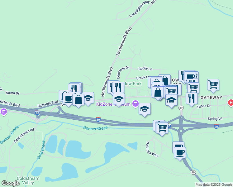 map of restaurants, bars, coffee shops, grocery stores, and more near 10130 Donner Trail Road in Truckee