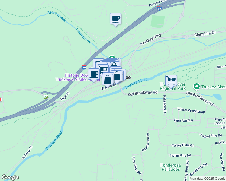 map of restaurants, bars, coffee shops, grocery stores, and more near 10039 West River Street in Truckee