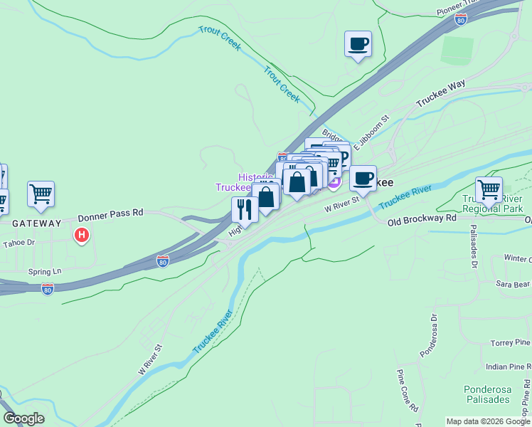 map of restaurants, bars, coffee shops, grocery stores, and more near 10232 Donner Pass Road in Truckee