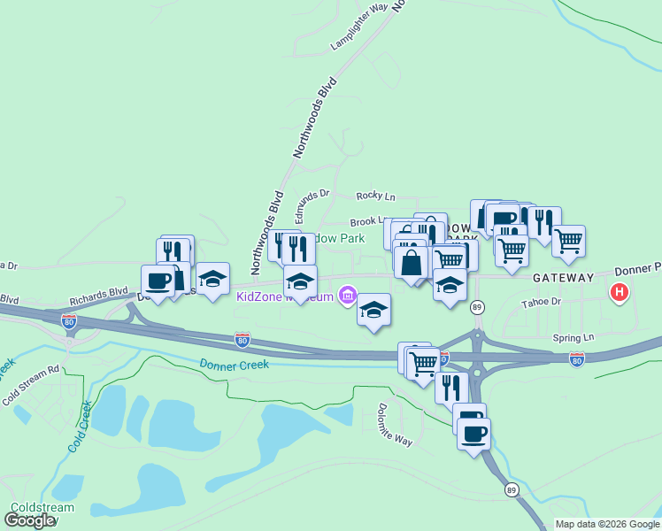 map of restaurants, bars, coffee shops, grocery stores, and more near 10115 Donner Trail Road in Truckee