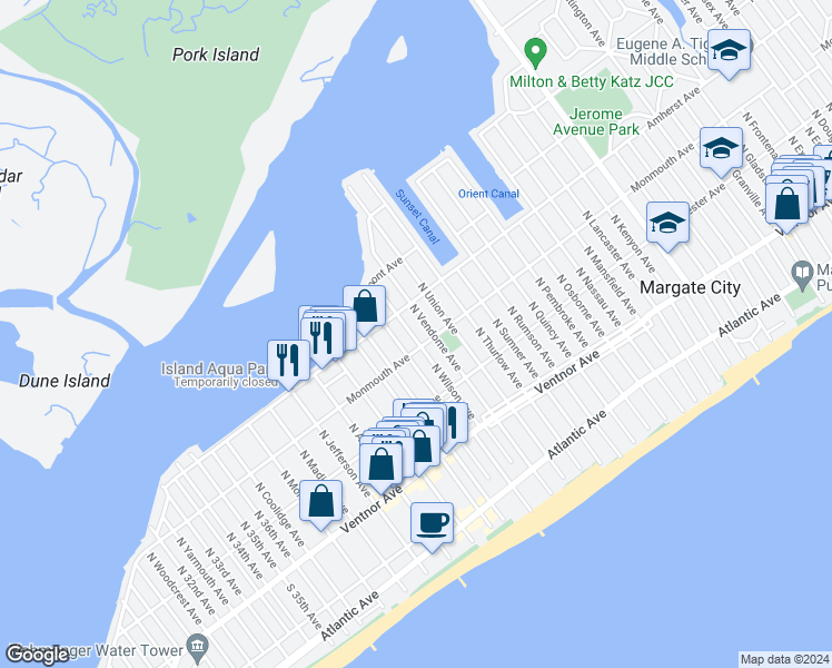 map of restaurants, bars, coffee shops, grocery stores, and more near 216 North Vendome Avenue in Margate City