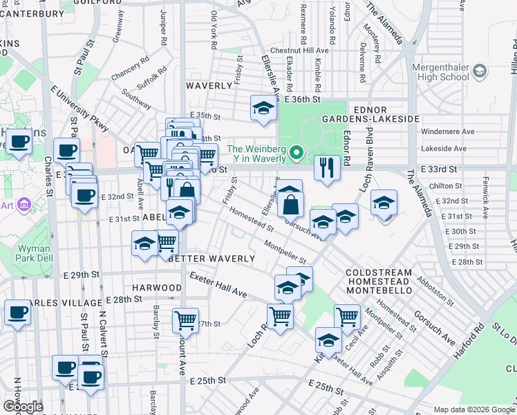 map of restaurants, bars, coffee shops, grocery stores, and more near in Baltimore