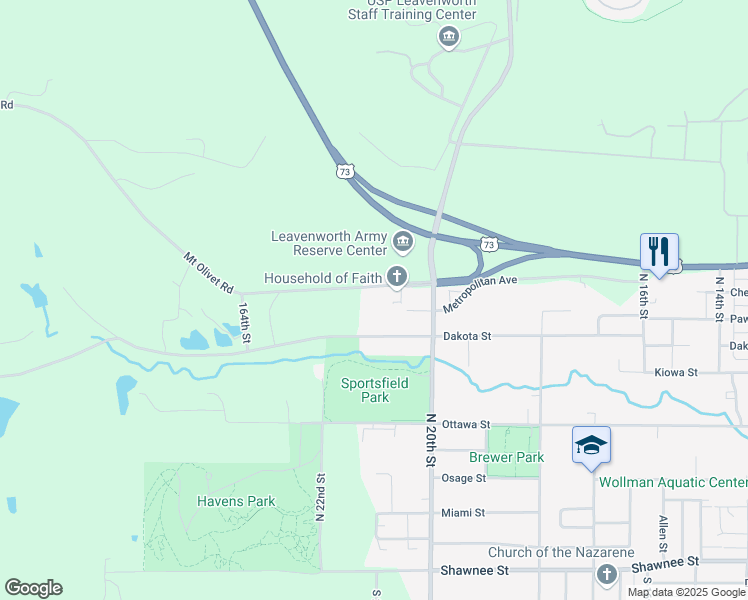 map of restaurants, bars, coffee shops, grocery stores, and more near 2103 Metropolitan Avenue in Leavenworth