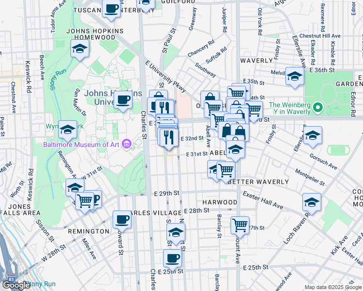 map of restaurants, bars, coffee shops, grocery stores, and more near 3121 North Calvert Street in Baltimore