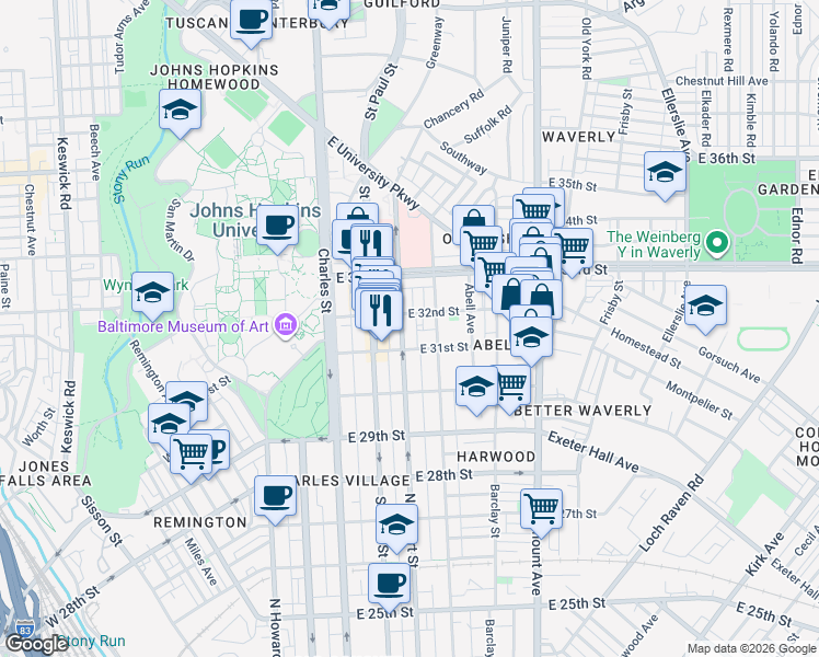map of restaurants, bars, coffee shops, grocery stores, and more near 3121 North Calvert Street in Baltimore