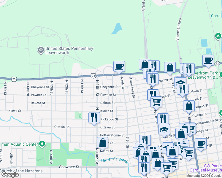 map of restaurants, bars, coffee shops, grocery stores, and more near 1019 North 9th Street in Leavenworth