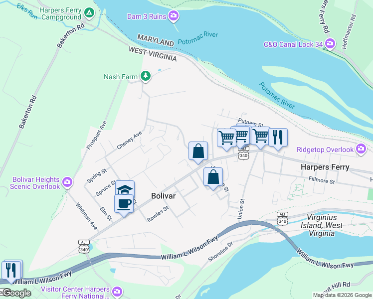 map of restaurants, bars, coffee shops, grocery stores, and more near 115 Old Furnace Road in Harpers Ferry
