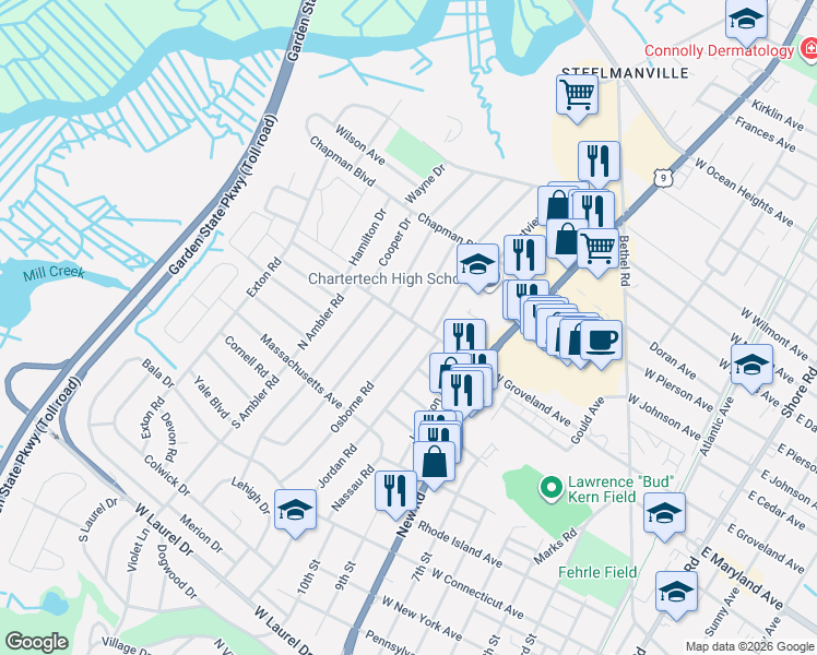 map of restaurants, bars, coffee shops, grocery stores, and more near 23 Northview Drive in Somers Point