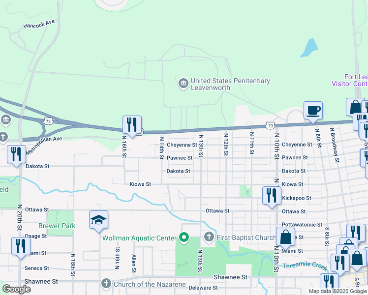 map of restaurants, bars, coffee shops, grocery stores, and more near 1329 Cheyenne Street in Leavenworth