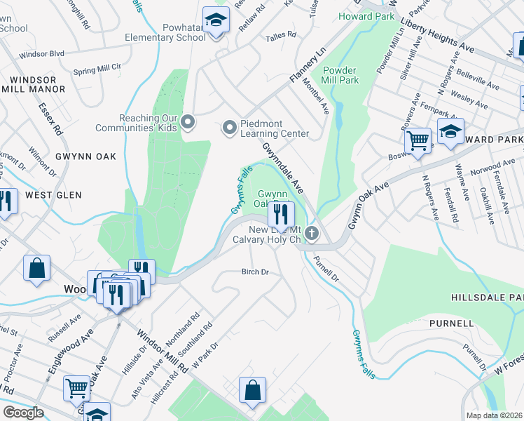 map of restaurants, bars, coffee shops, grocery stores, and more near 6010 Gwynn Oak Avenue in Pikesville