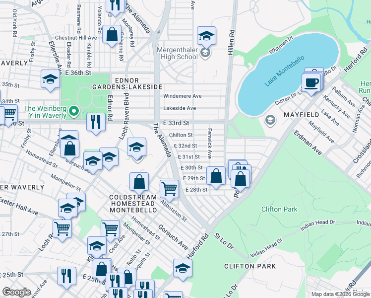 map of restaurants, bars, coffee shops, grocery stores, and more near 1621 East 32nd Street in Baltimore